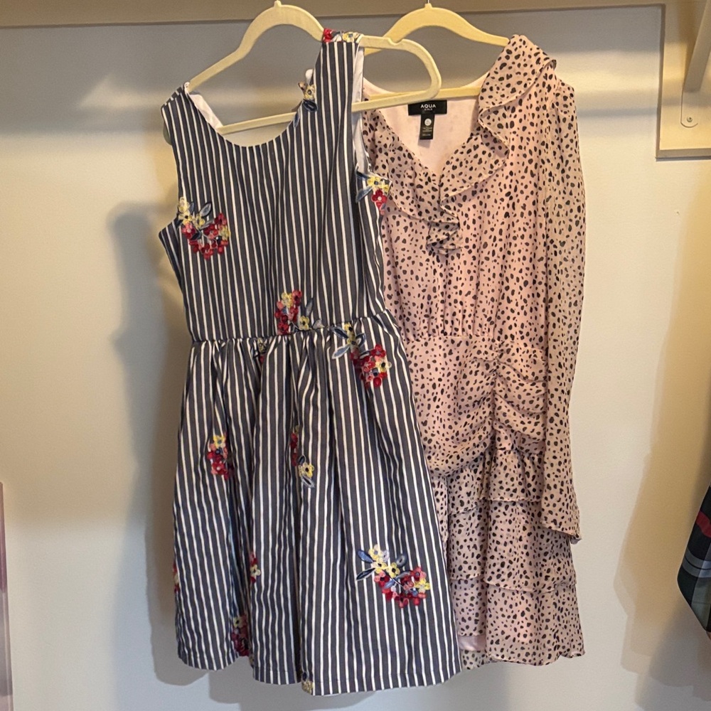 Striped Blue and White Kids Dress with Floral Accents